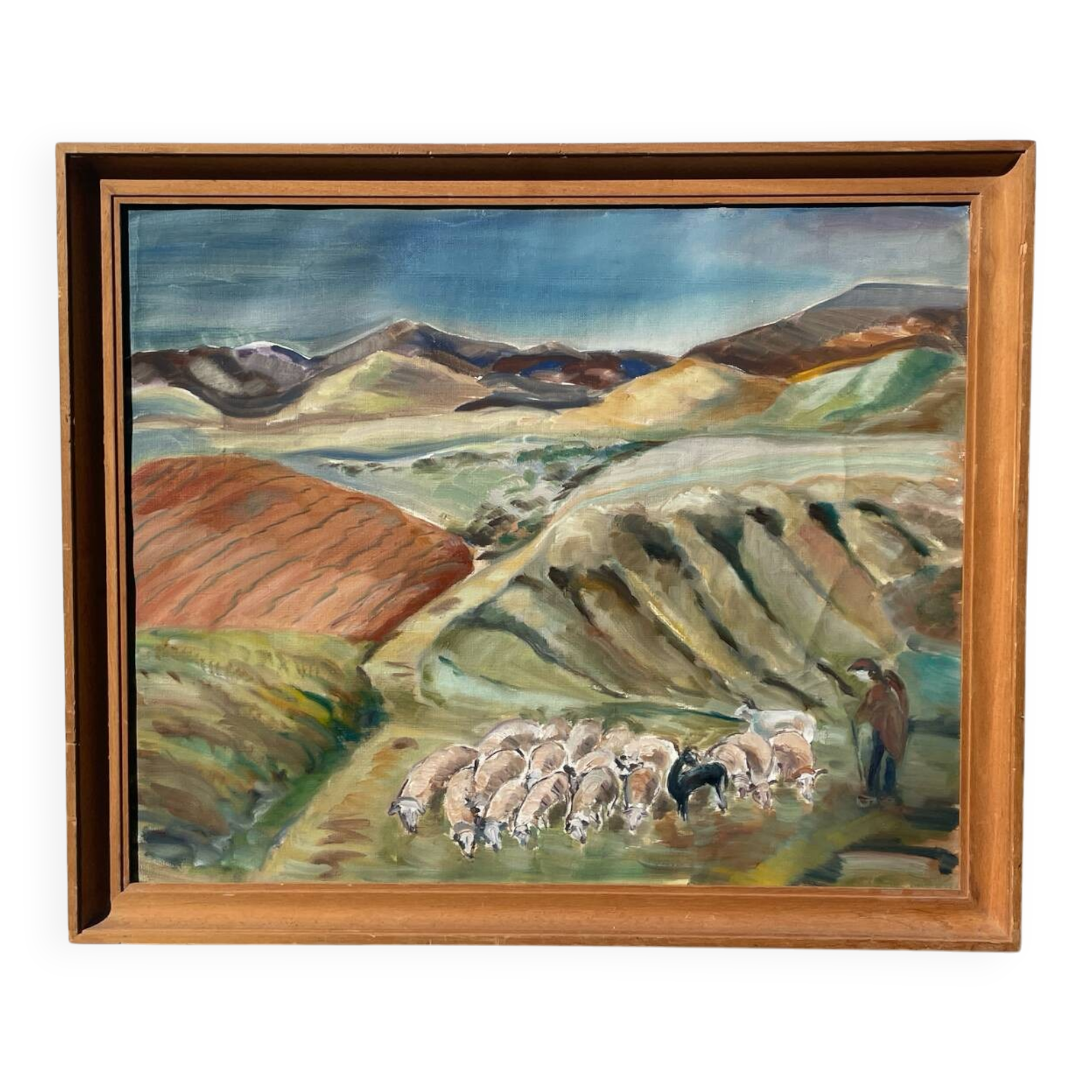 Old painting oil on canvas mountain and shepherd