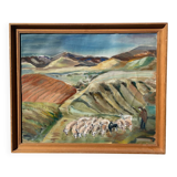 Old painting oil on canvas mountain and shepherd