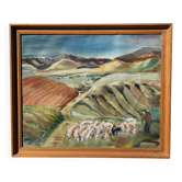 Tableau ancien huile sur toile montagne et berger