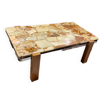 Table basse chrome bois et onyx design 80
