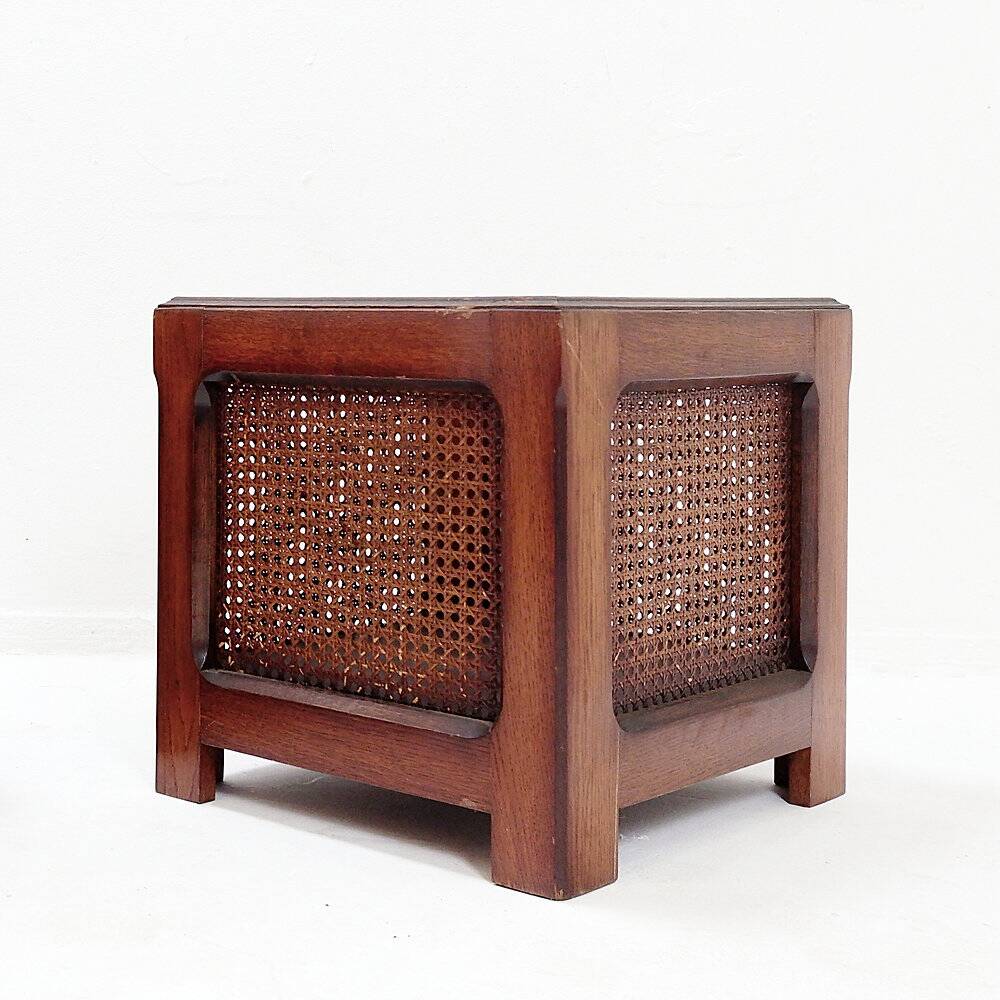 Pair of vintage wooden planters with woven rattan panels - 1970s