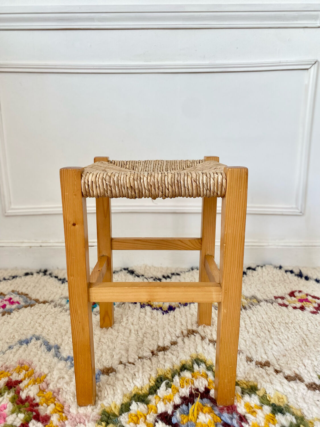 Tabouret bois paillé vintage