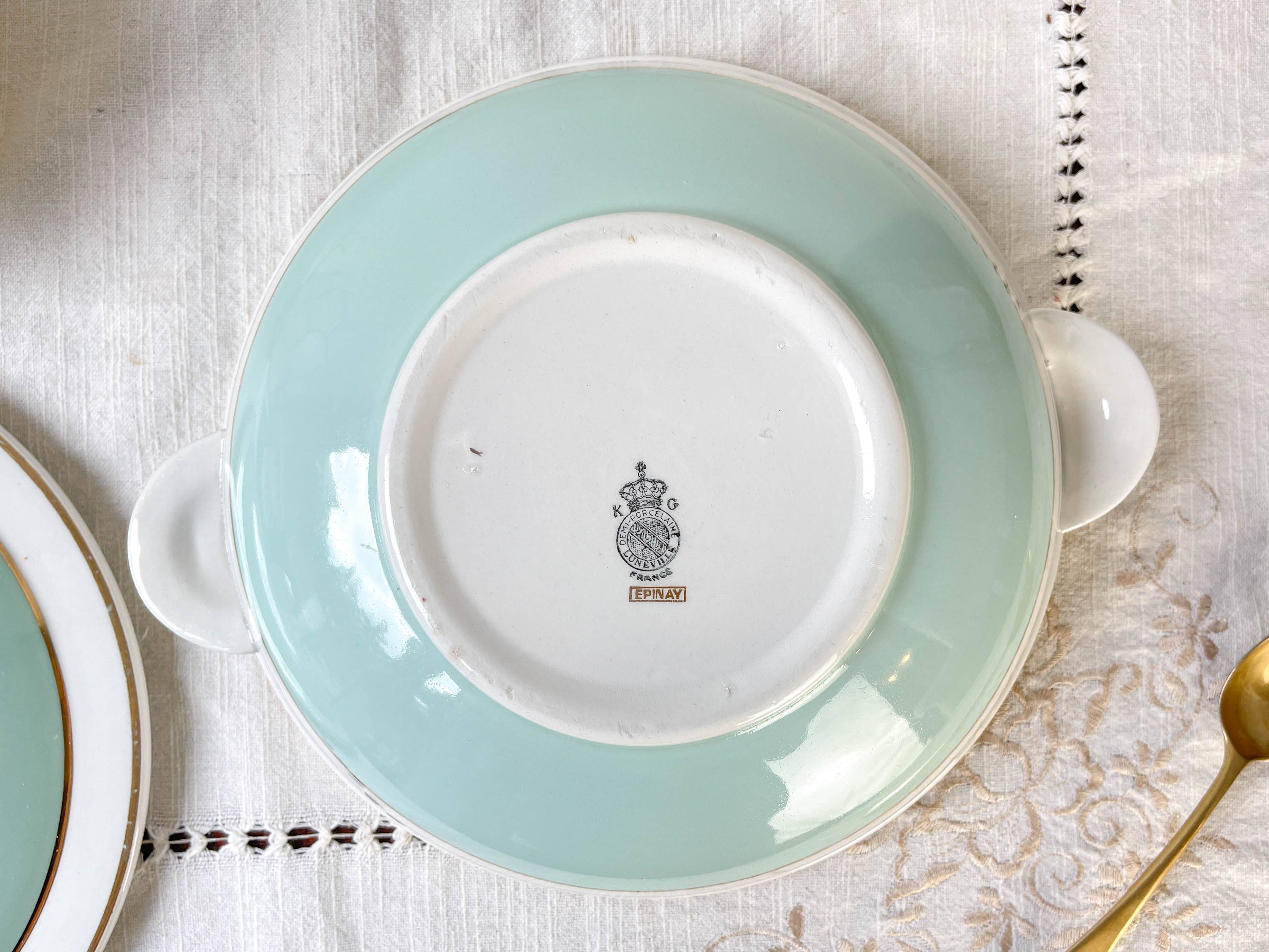 Vintage white and green porcelain tureen, Luneville, Epinay, France, 1950s