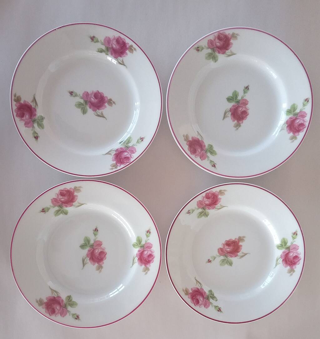 Vintage Vista Alegre 4 Dessert Porcelain Plates Hand Painted with Pink Rose