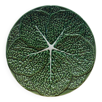 Vintage barbotine dish in the shape of a green cabbage leaf, Portugal