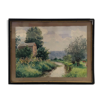 "Landscape of the Norman bocage ", watercolour framed and signed, early 20th century