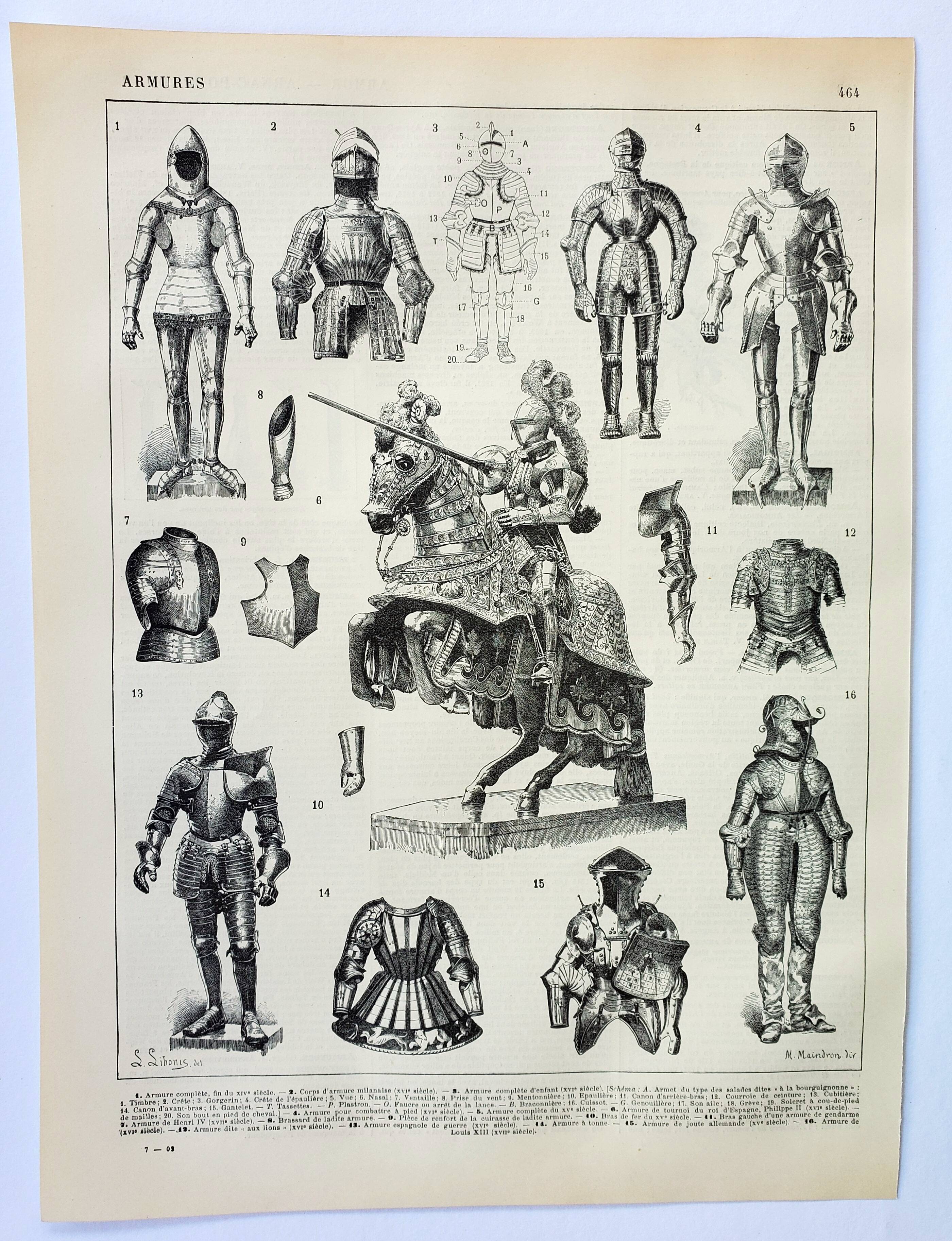 Old engraving 1898, Medieval armor, knight • Lithograph, Original plate