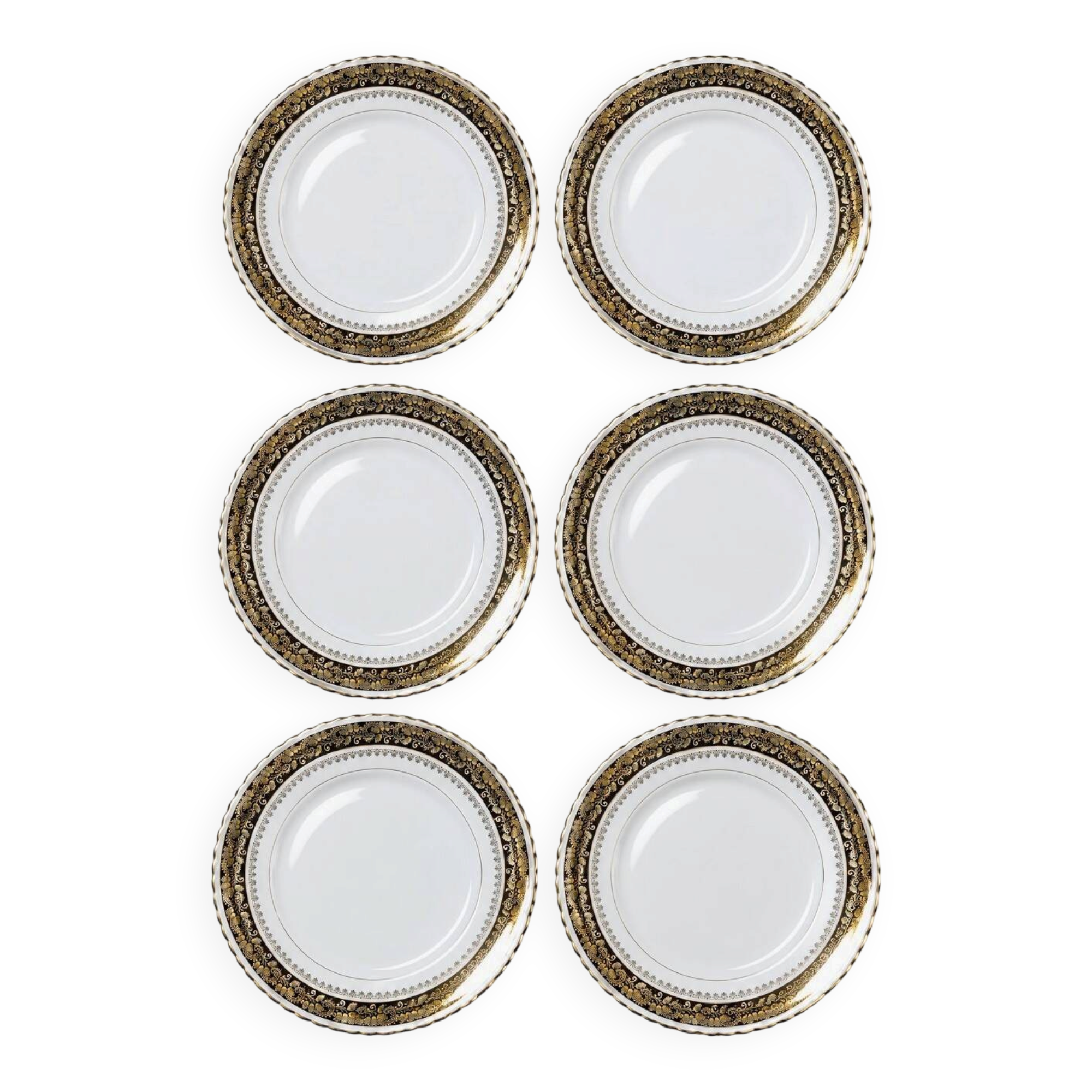 Set of 6 vintage flat plates ADP L Royal Limoges, gilded porcelain - 1