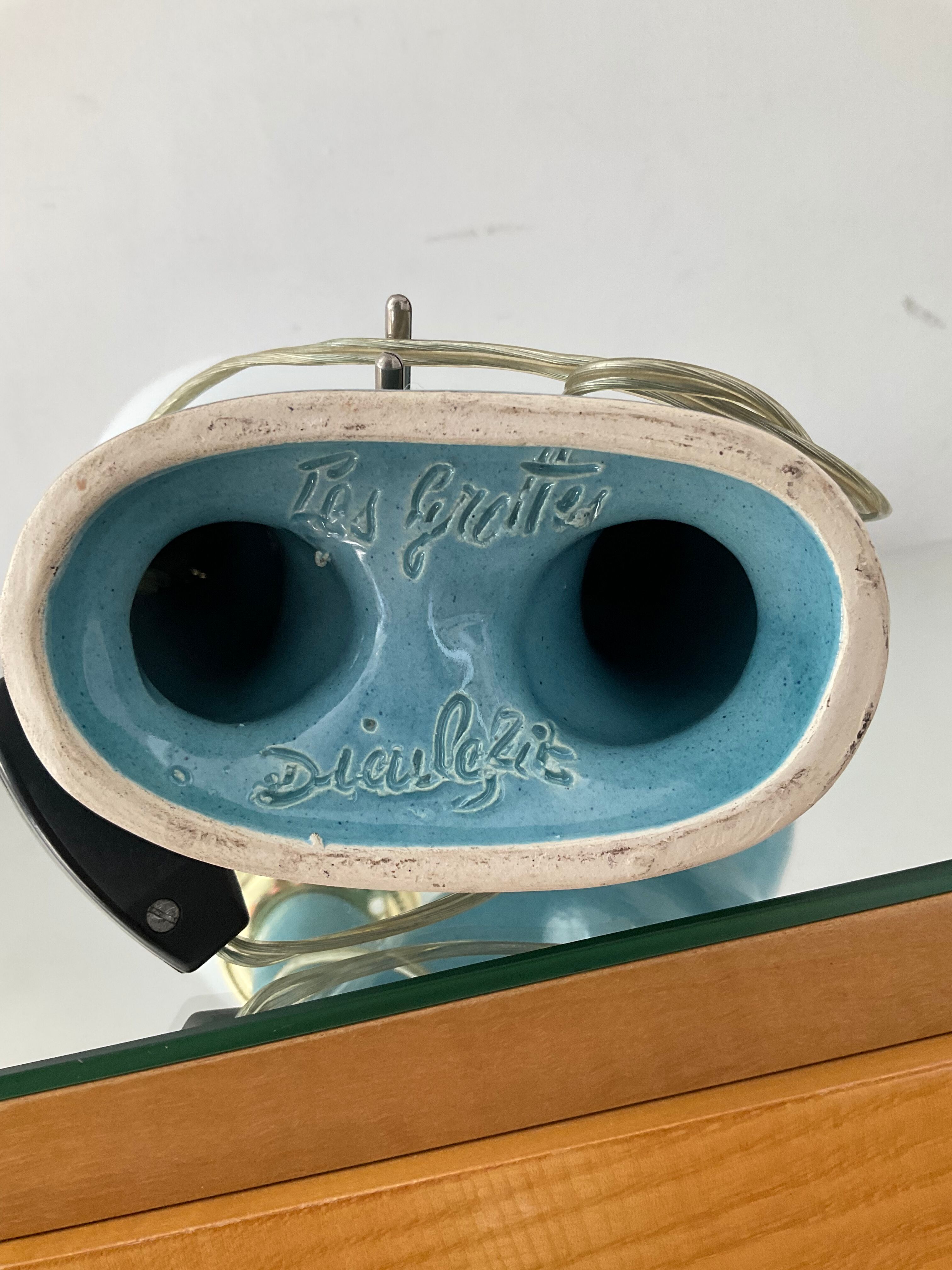 Vintage cat lamp in enamelled ceramic and opaline
