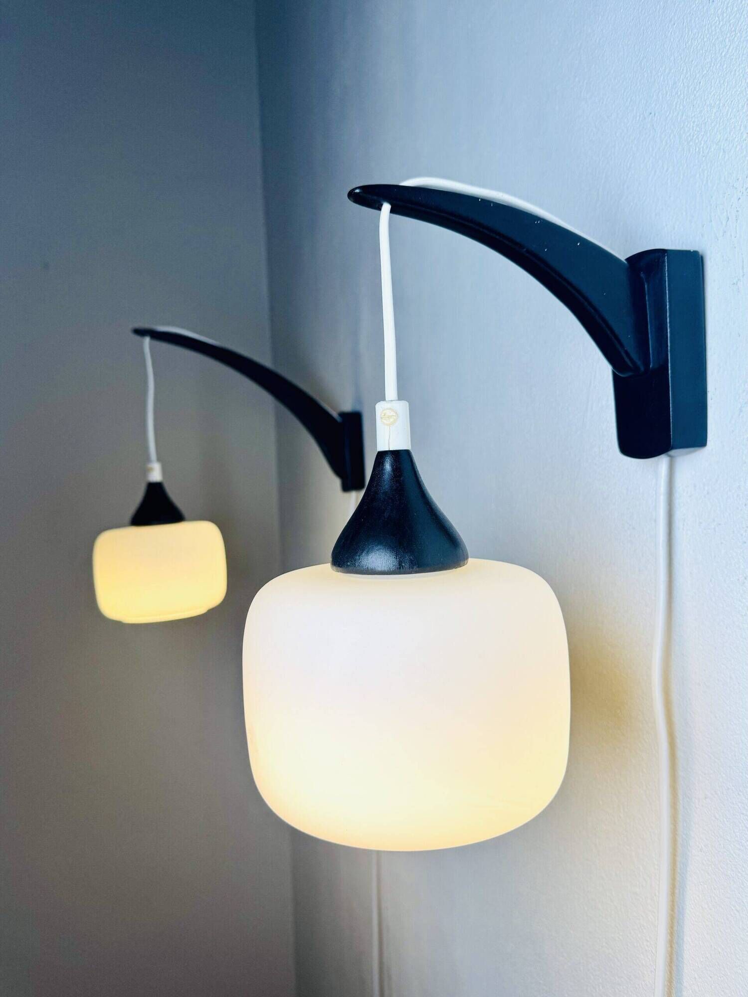 Set Of Single-Arm Wall Lamps In Teak And Opaline Glass By Uno & Östen Kristiansson For Luxus, Sweden 1960S