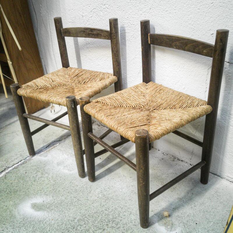 Paire de chaises enfant en bois et paille