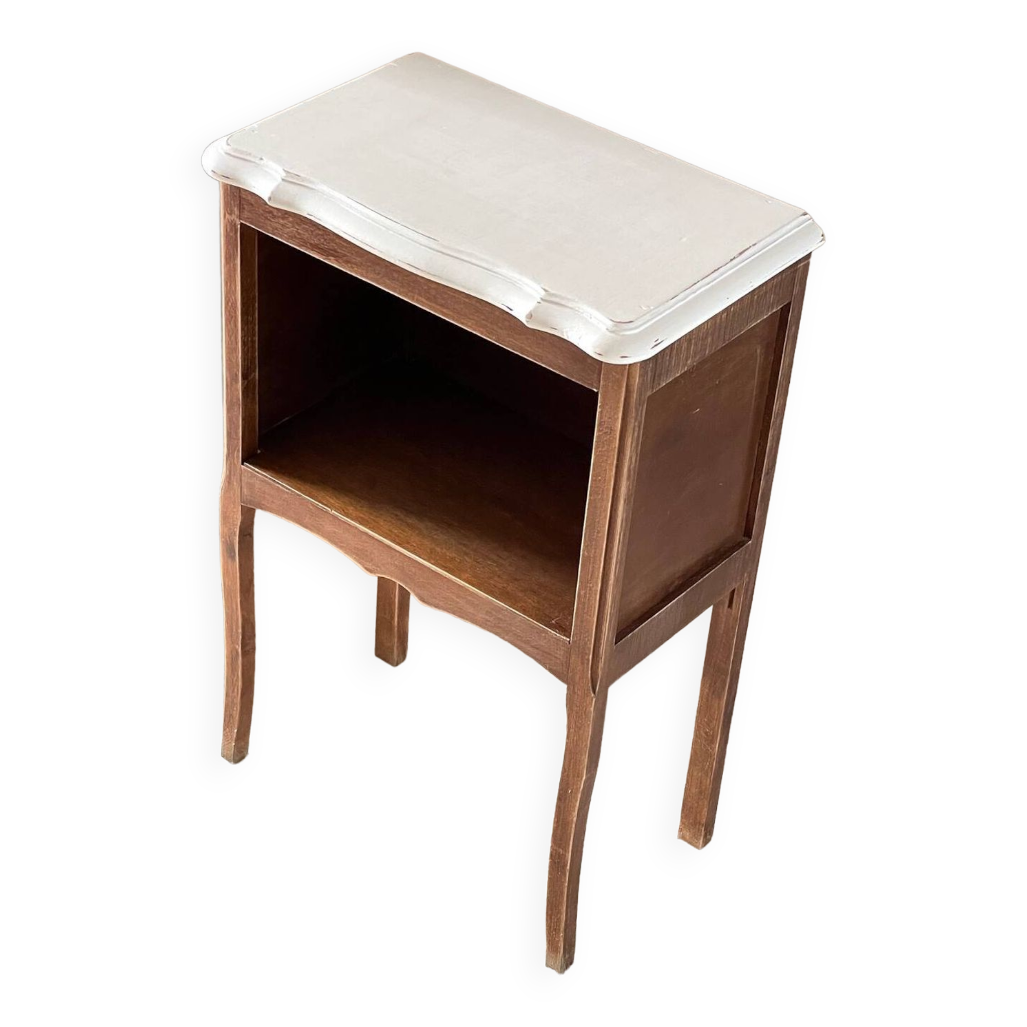 Vintage wood and white bedside table