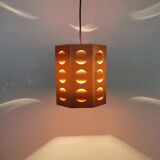 Danish Space-Age hanging lamp from the 80s, made in orange metal with cut-outs.