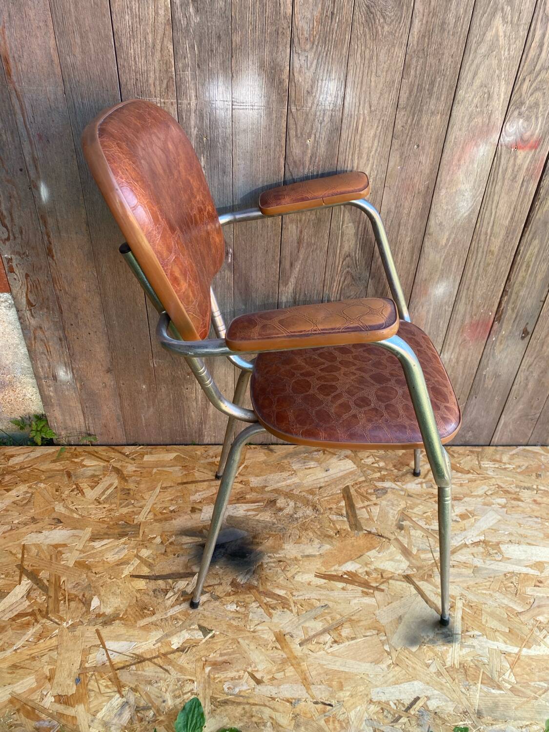 Antique Chrome Metal Armchair + Crocodile Brown Leatherette Seat & Back #C5