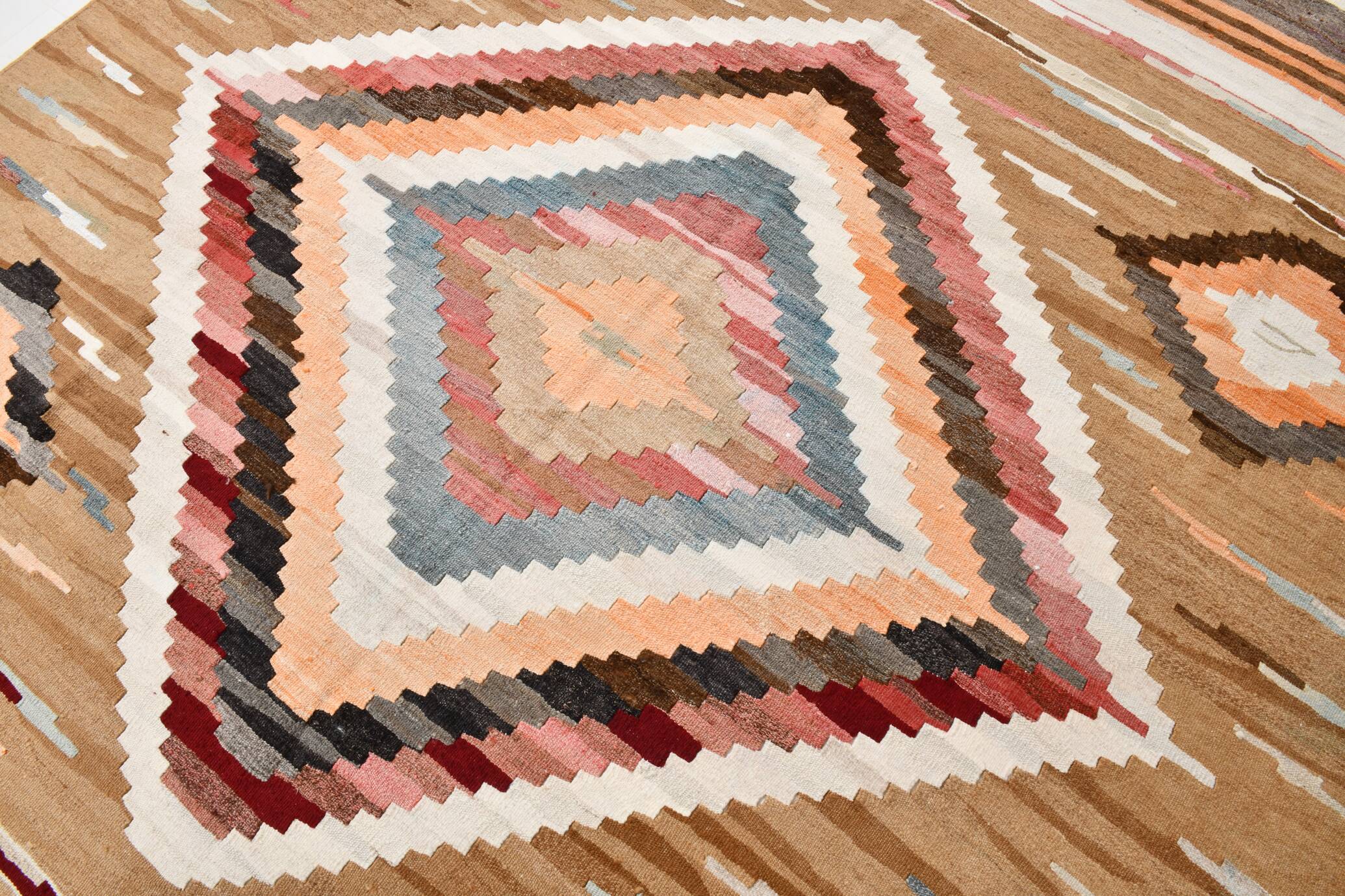 8x11 Brown & Cream Geometric Kilim Rug, 260x341Cm