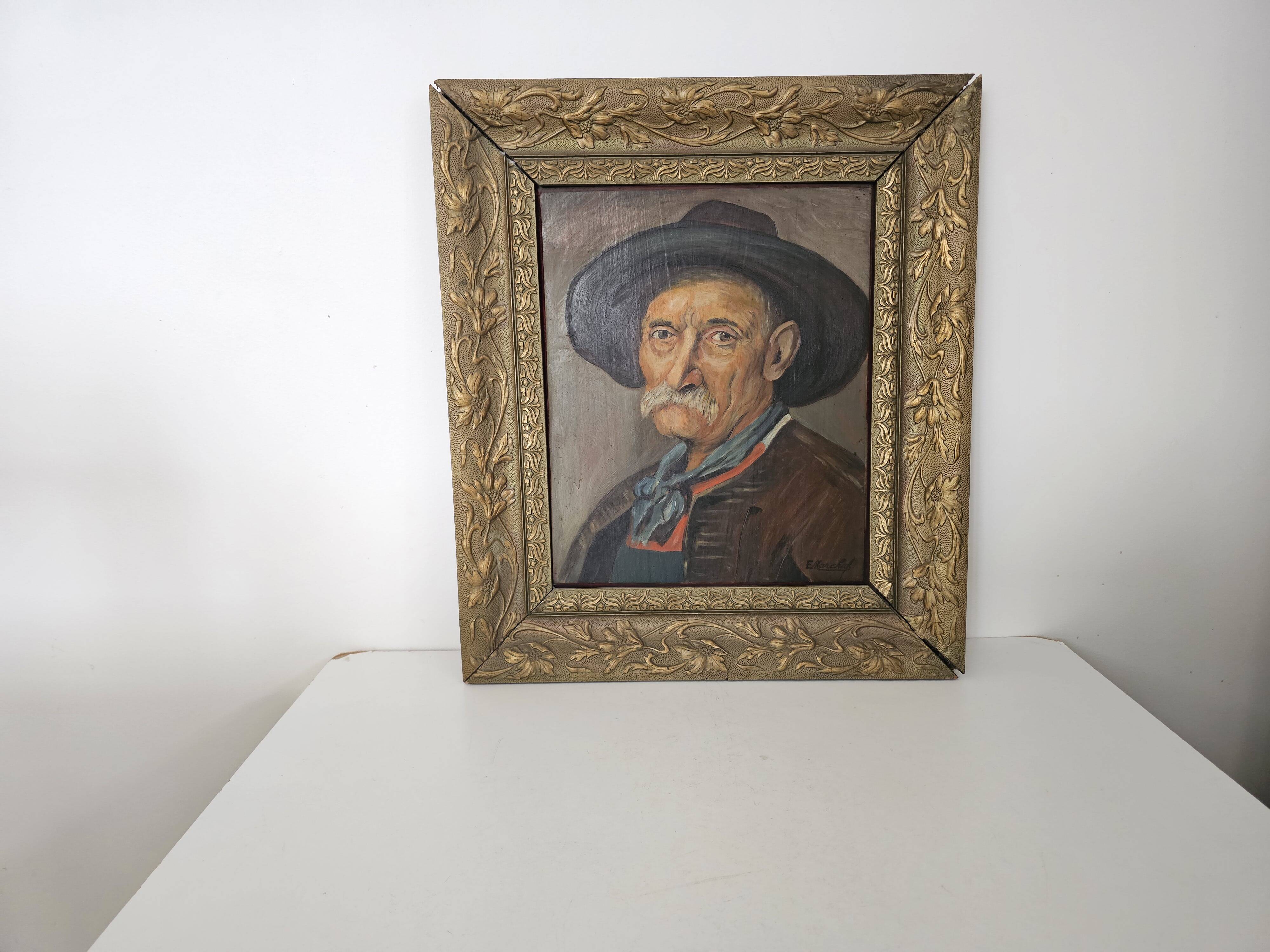 Oil painting on panel, The Mustachioed Man in a Hat, Signed E. Marchal