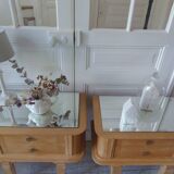 Pair of vintage bedside tables in raw wood, mirrored tops.