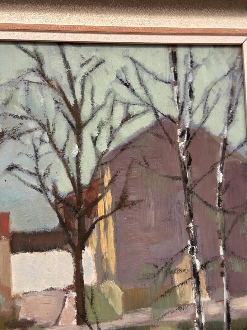 Original Swedish Oil on Canvas - "Landscape with Trees and Buildings" by Ingvar Björk - 1948 - Vintage - Framed - 62 × 48 cm (24.4" × 18.9")