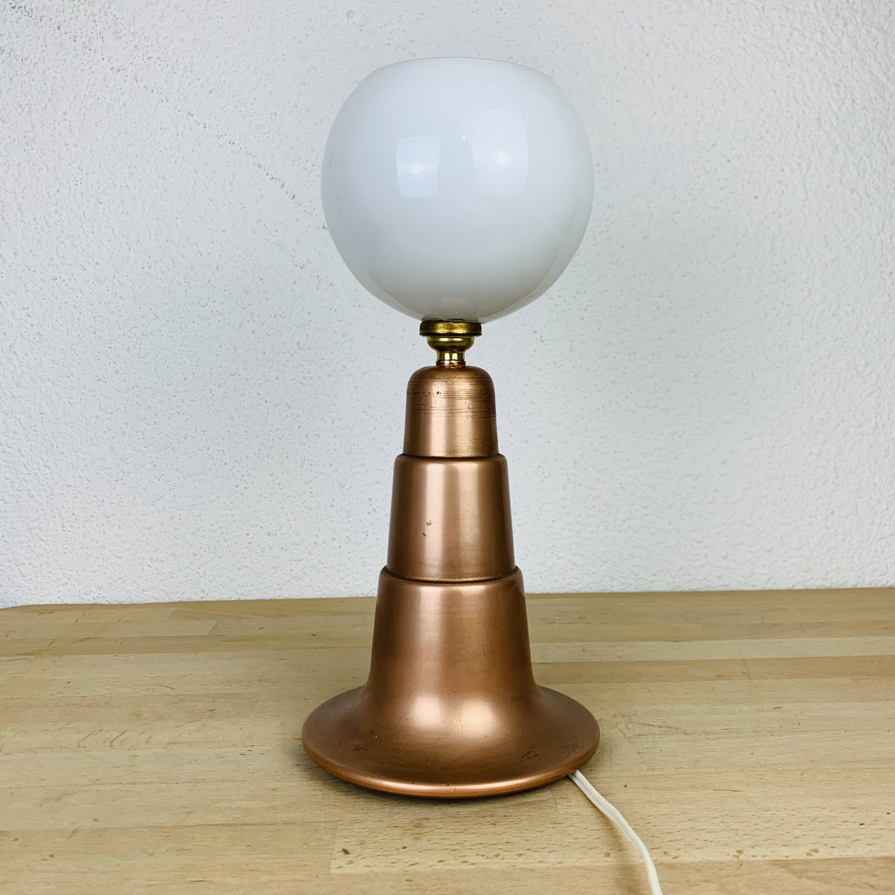 Art Deco conical copper lamp and opaline globe