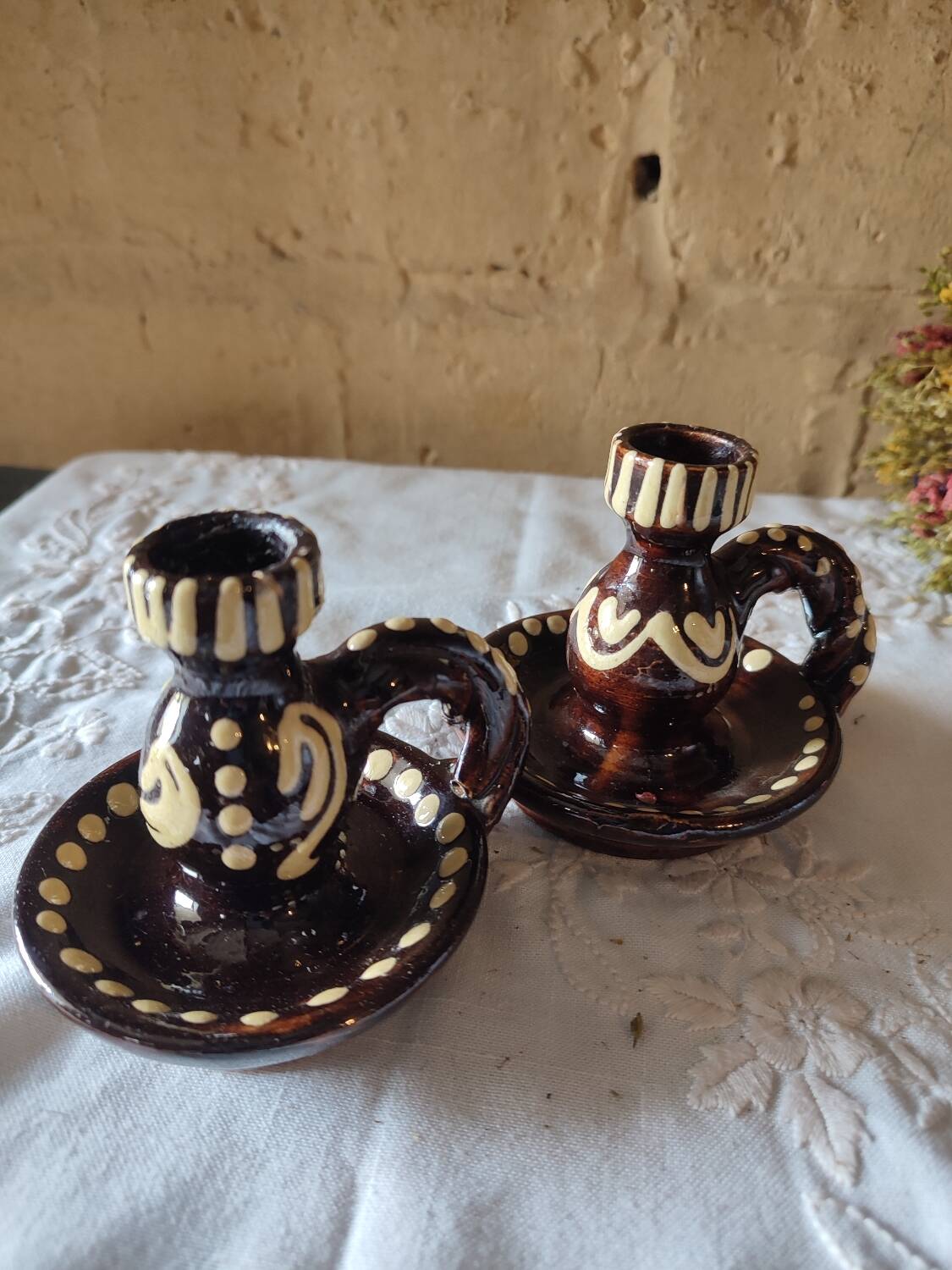 Duo of vintage ceramic candlesticks from Alsace, Obernai
