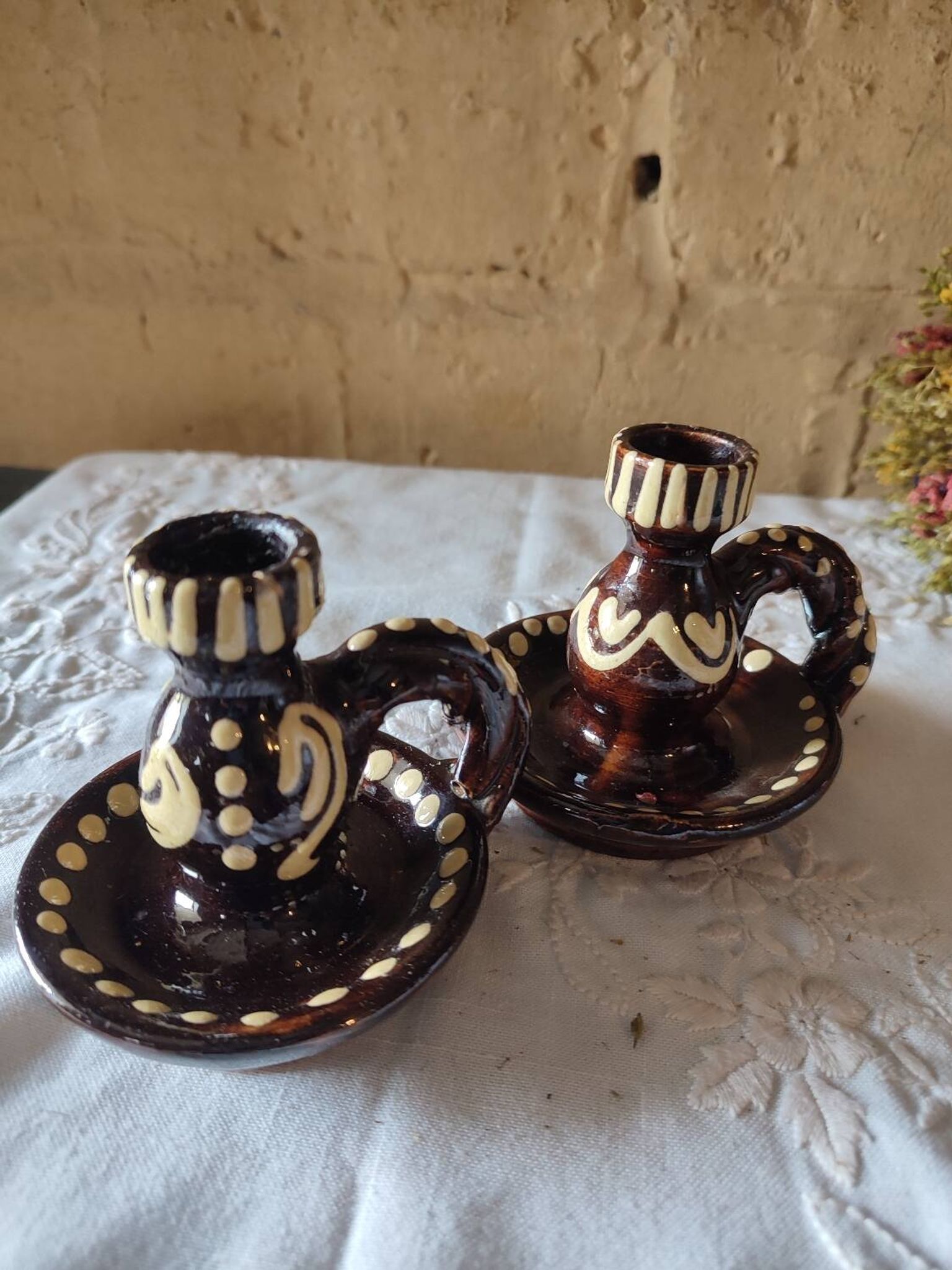 Duo de bougeoirs vintage céramique d’Alsace, Obernai