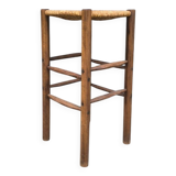 Solid wood and straw stool 1960