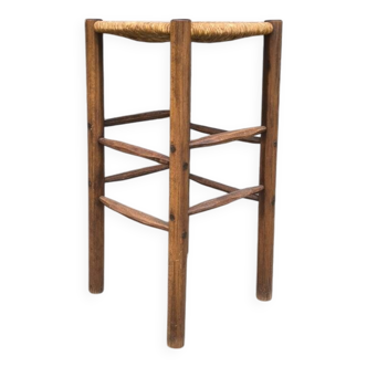 Tabouret en bois massif et paille 1960