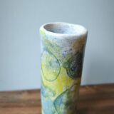 Handmade ceramic vase with blue and yellow bubble pattern