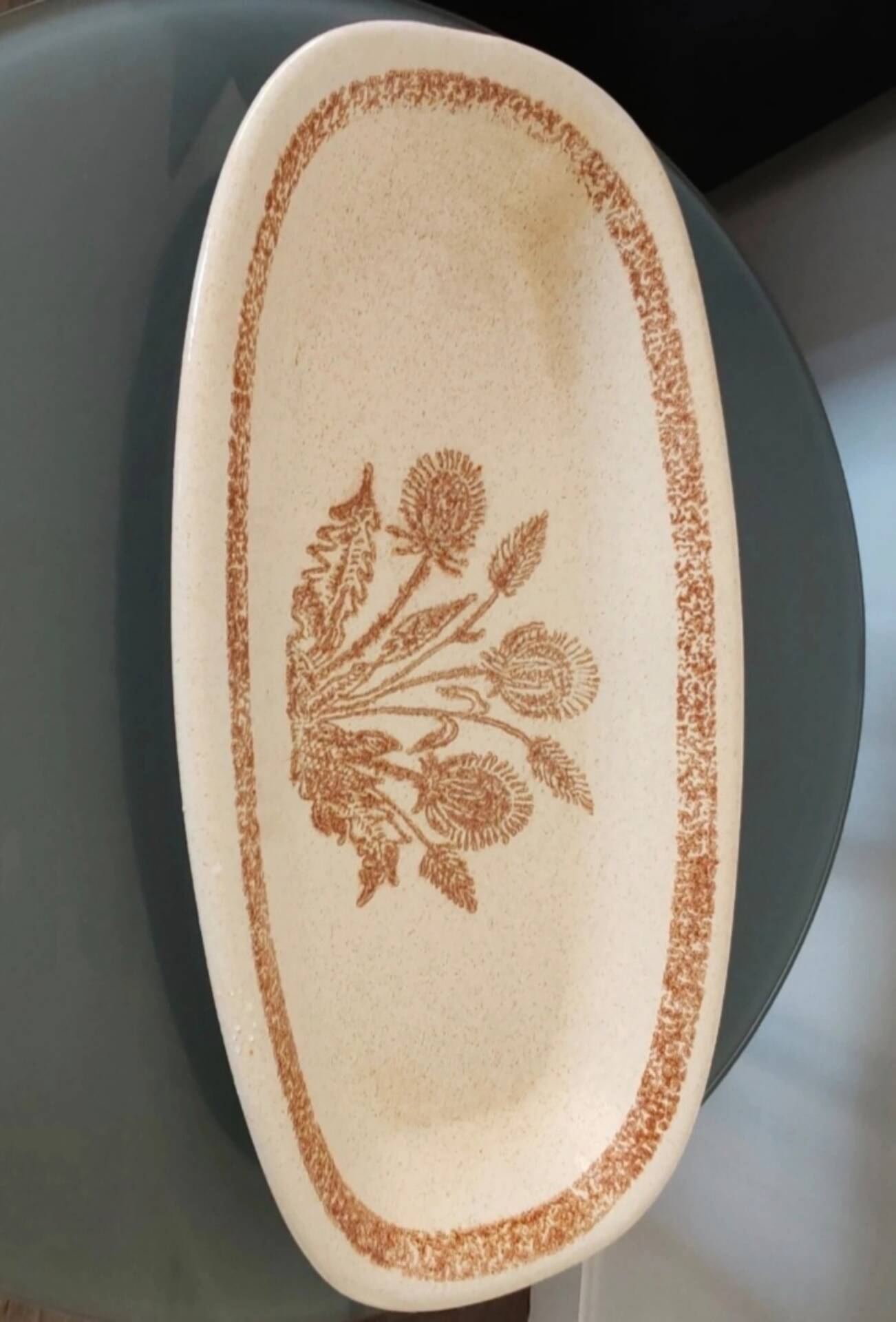 Large Oval Antique Ceramic / Stoneware Dish with Floral and Thistle Decoration