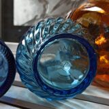 Trio vintage vase bottle and jar in amber and blue glass