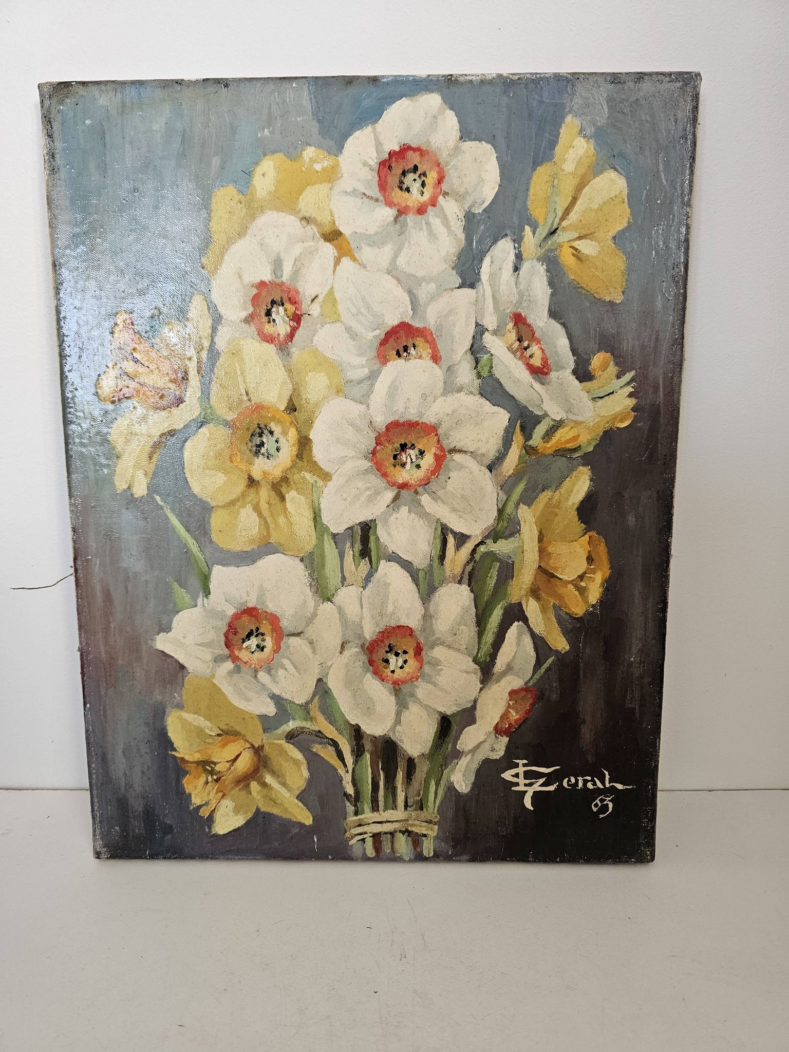 Table Oil on canvas The bouquet of Daffodils (Flowers) signed L Geral