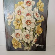 Table Oil on canvas The bouquet of Daffodils (Flowers) signed L Geral