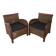 2 colonial-style armchairs in woven rattan and exotic wood
