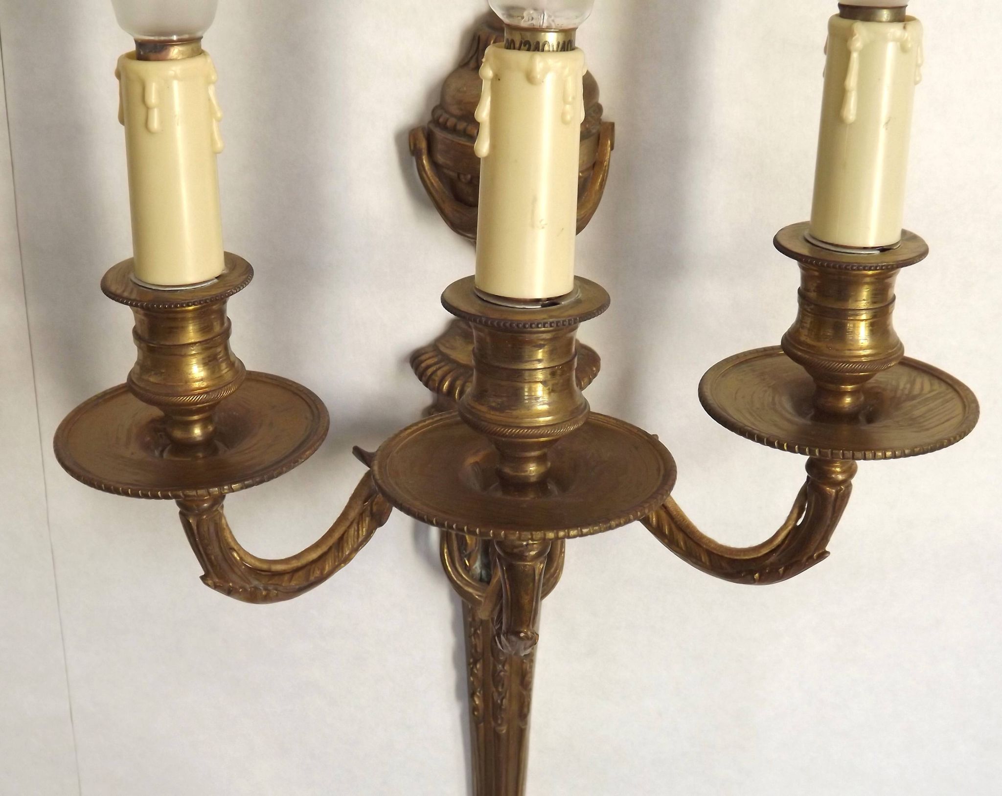 Magnificent Pair French Antique Bronze Triple Wall Lights Urn & Swag Detail