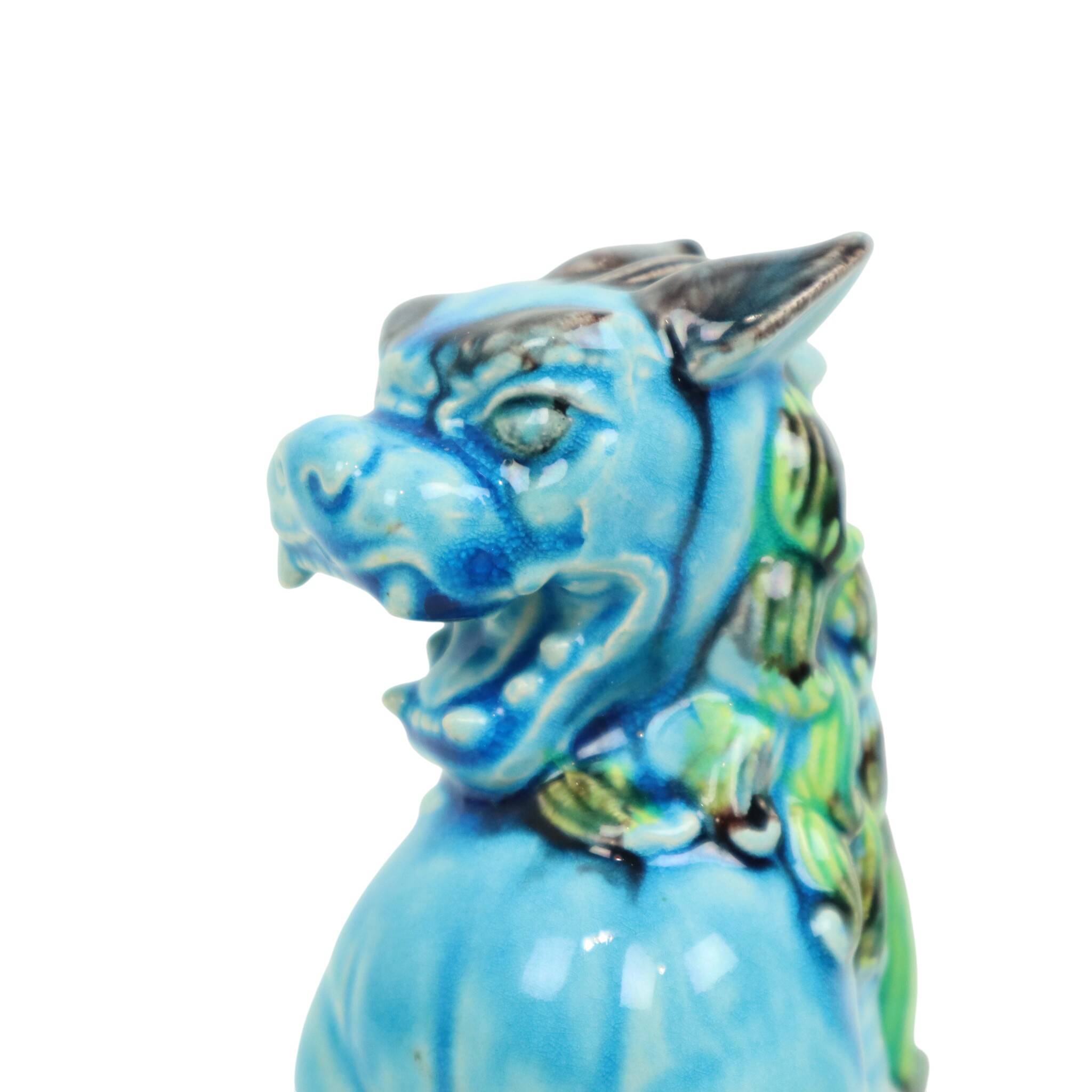 Pair of Chinese Guardian Lions Foo Dogs Blue Ceramic