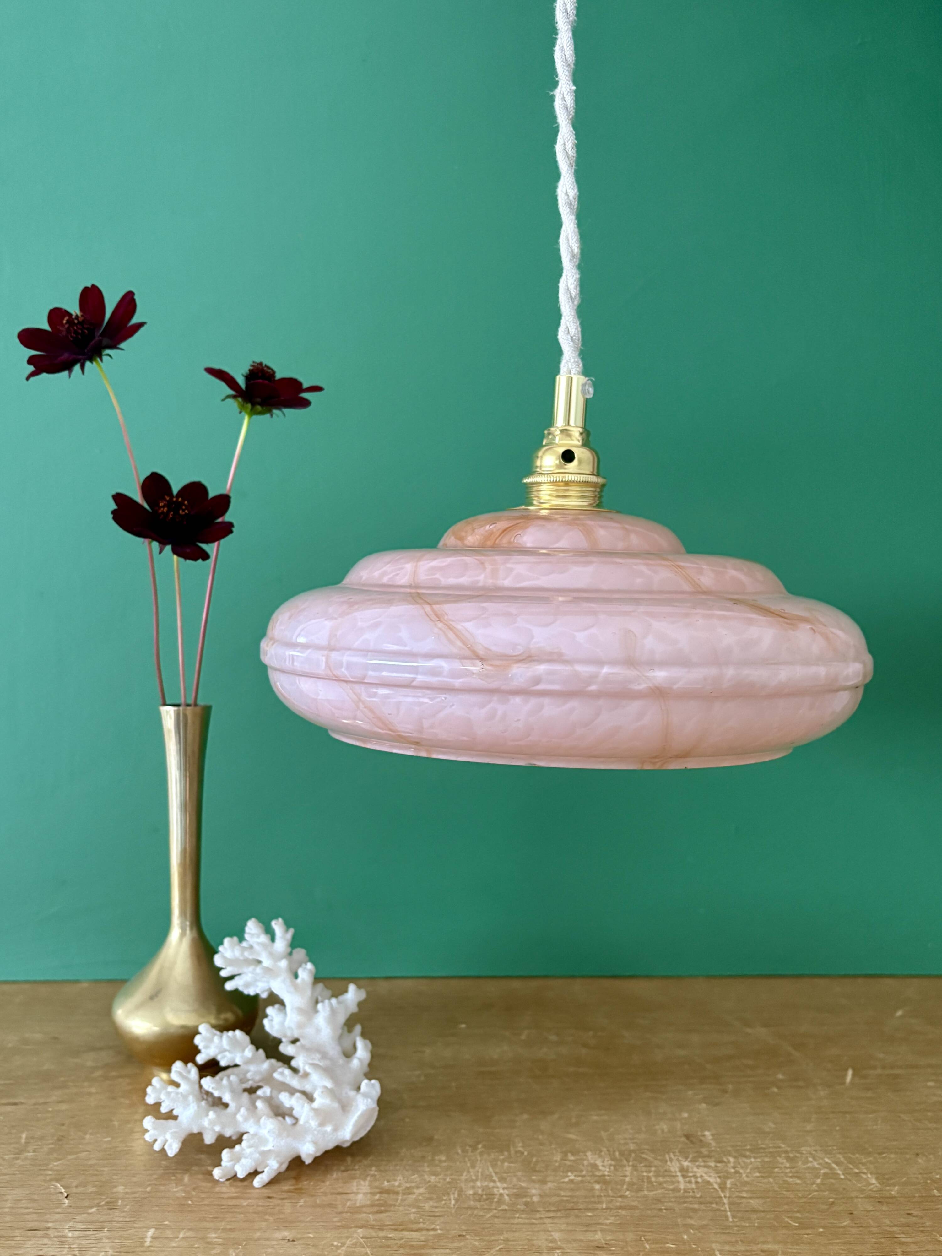 Vintage pink Clichy glass pendant lampshade with marbled effect