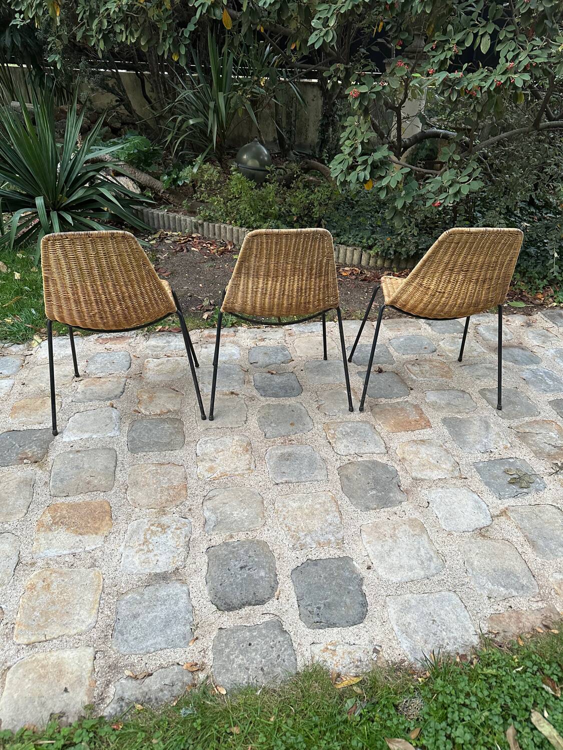 Woven rattan and metal chairs - 1950s/1960s