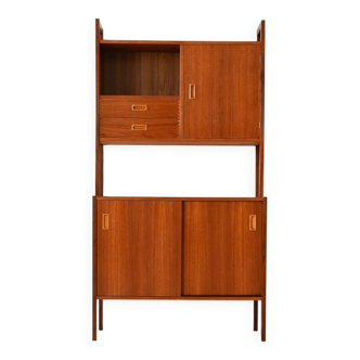 Bookcase with sliding doors in teak and birch wood