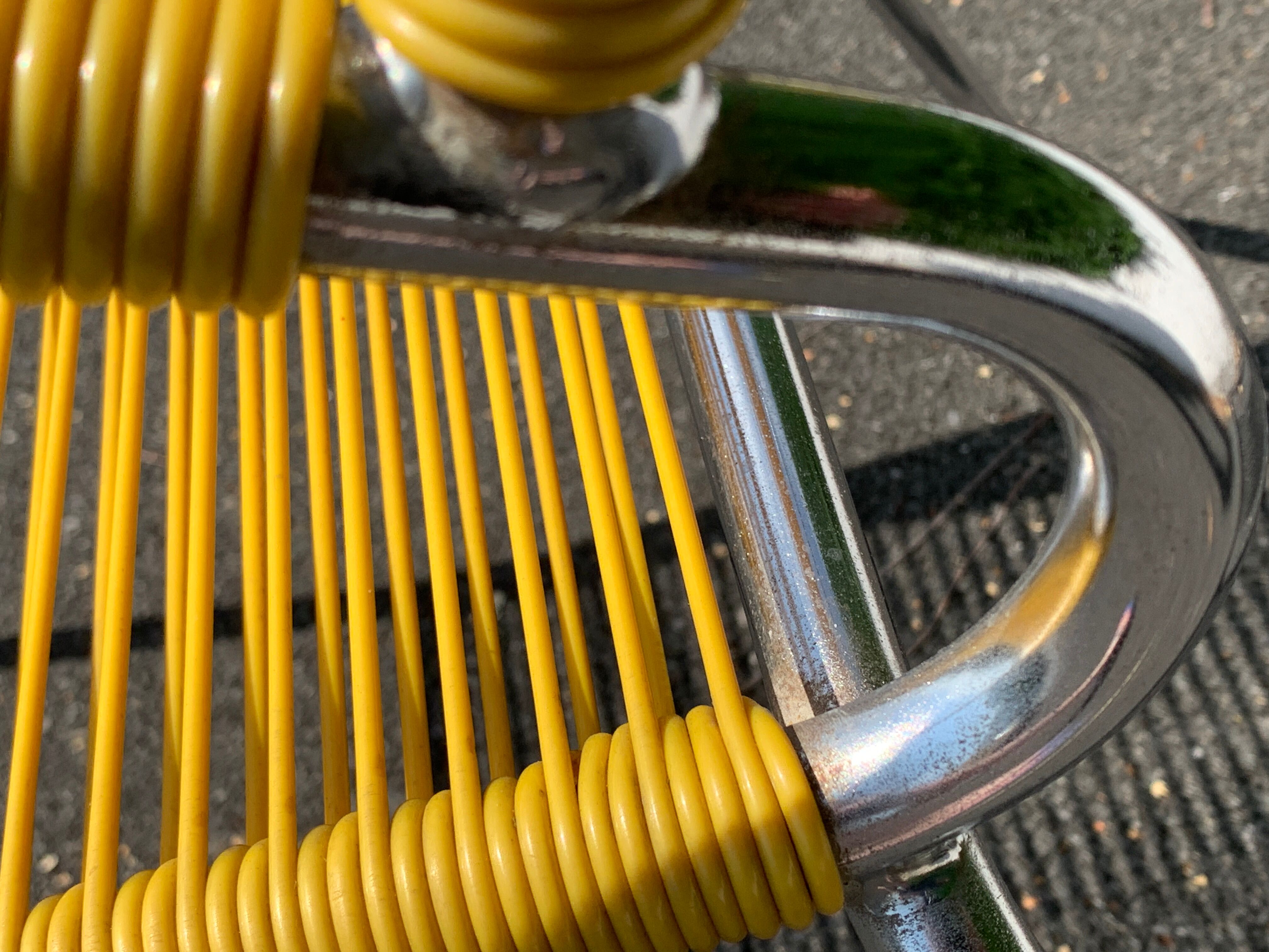 6 yellow and stackable armchairs, scoubidou by Dupré Perrin