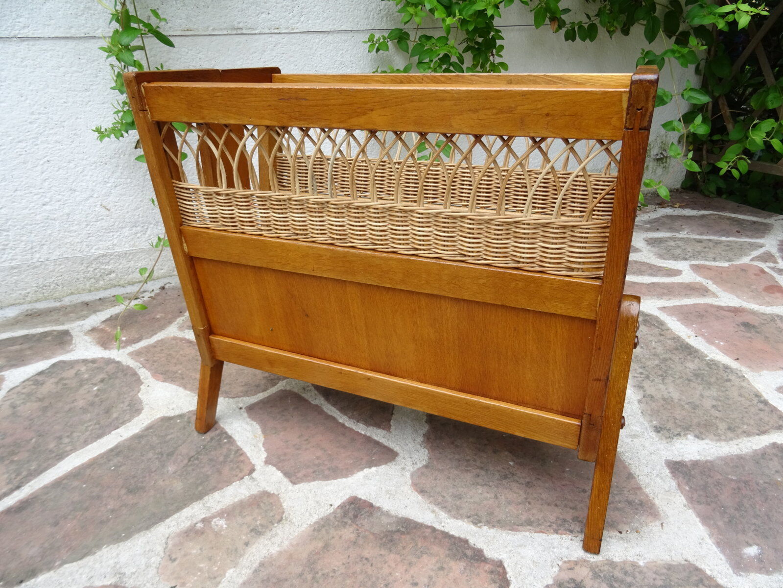 Oak and rattan magazine rack