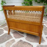 Oak and rattan magazine rack