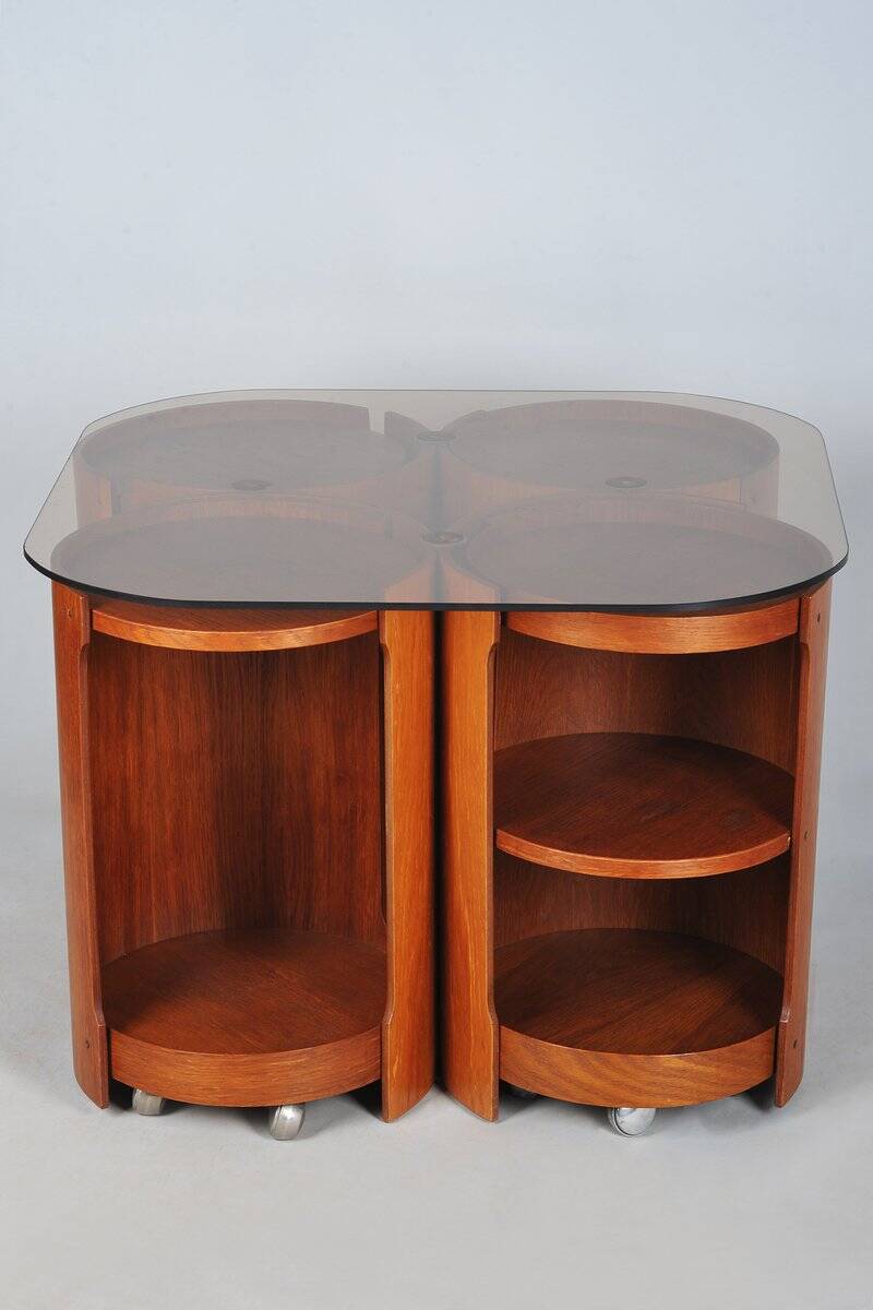 Mid-Century Modern Nesting Table in Oak and Smoked Glass, Czech, 1960s, Set of 5