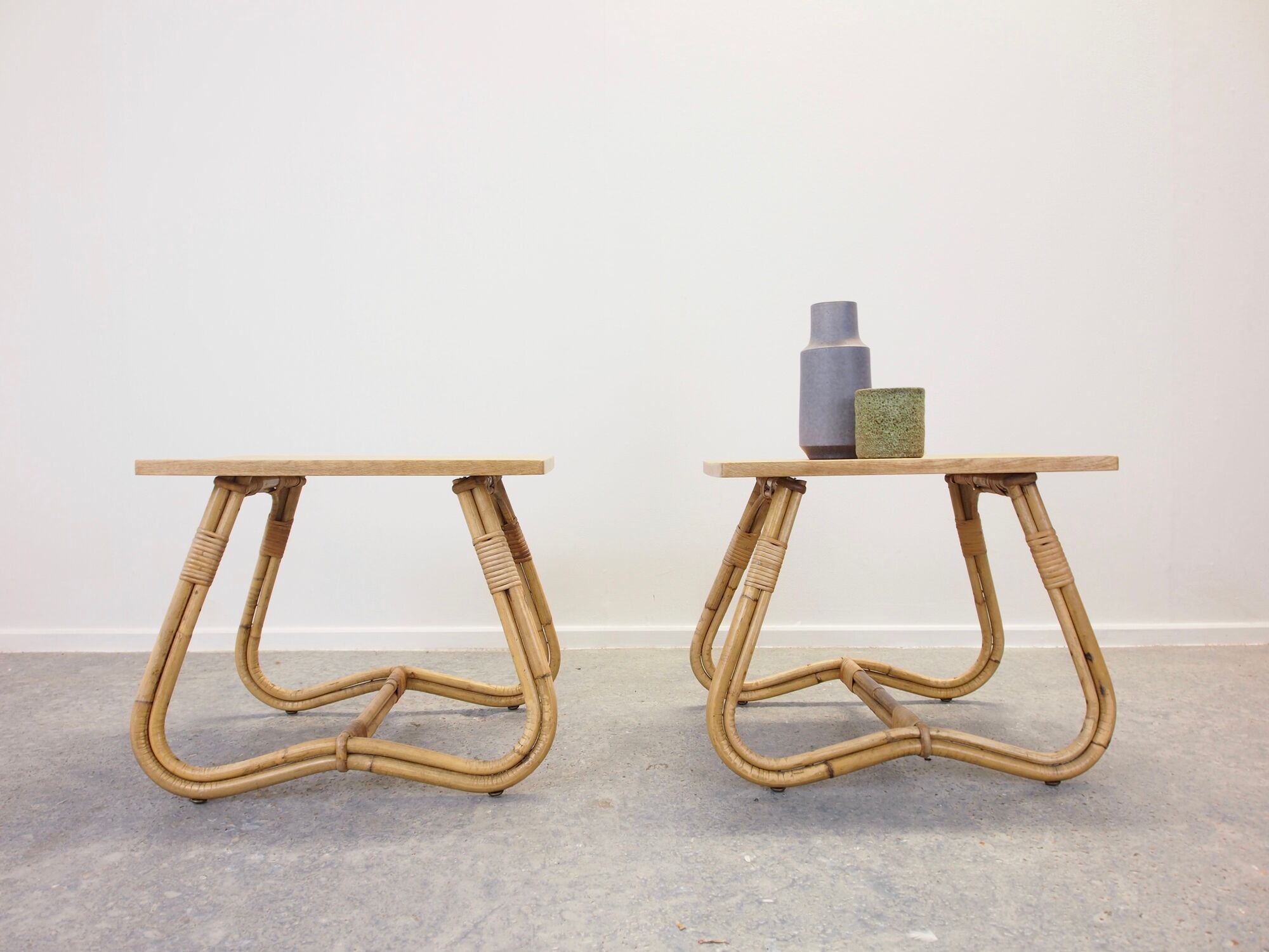 Mid century vintage rattan Dutch pair of side tables bedside tables