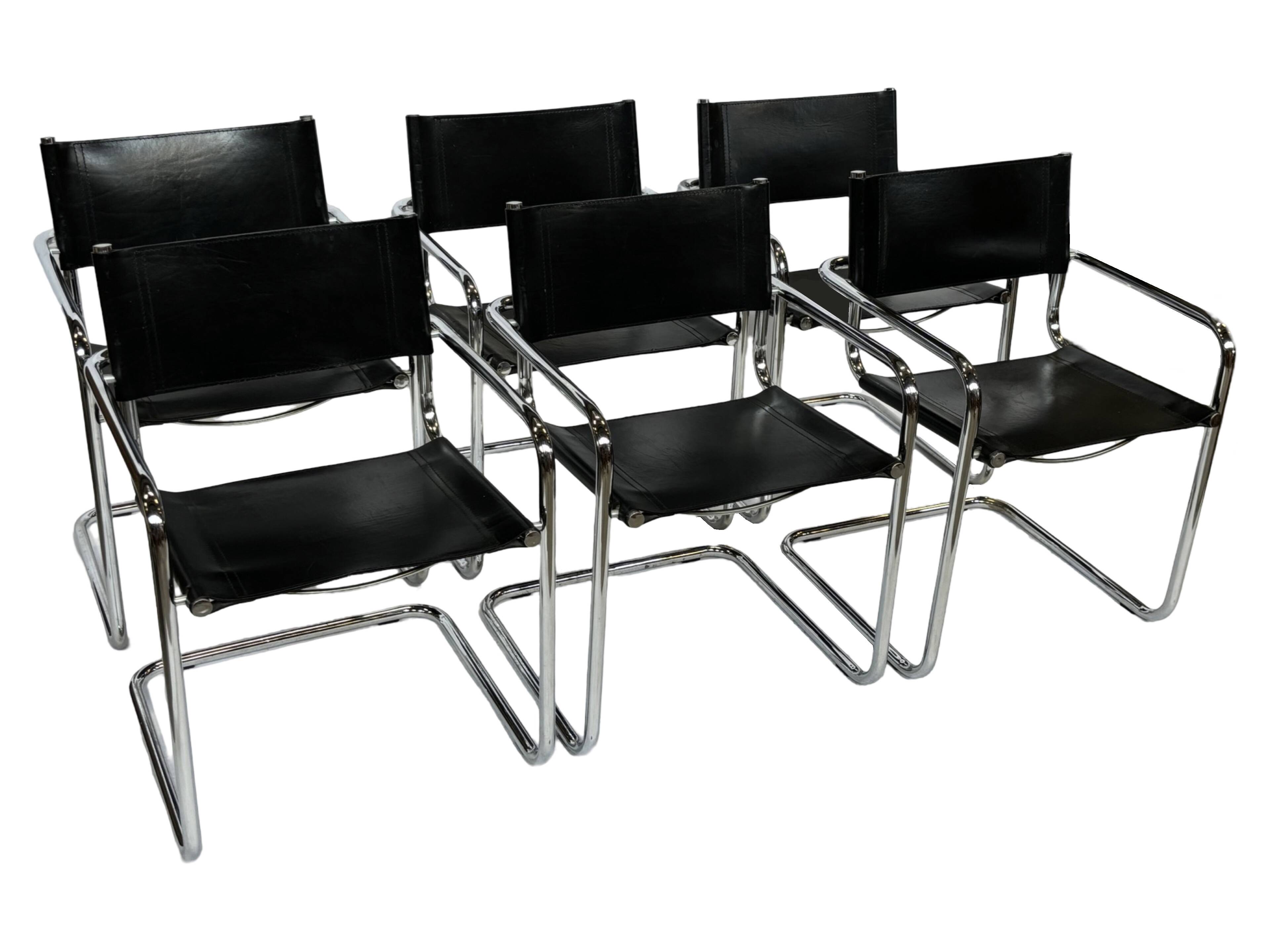 Ensemble vintage de 6 chaises à structure tubulaire Mart Stam design cuir