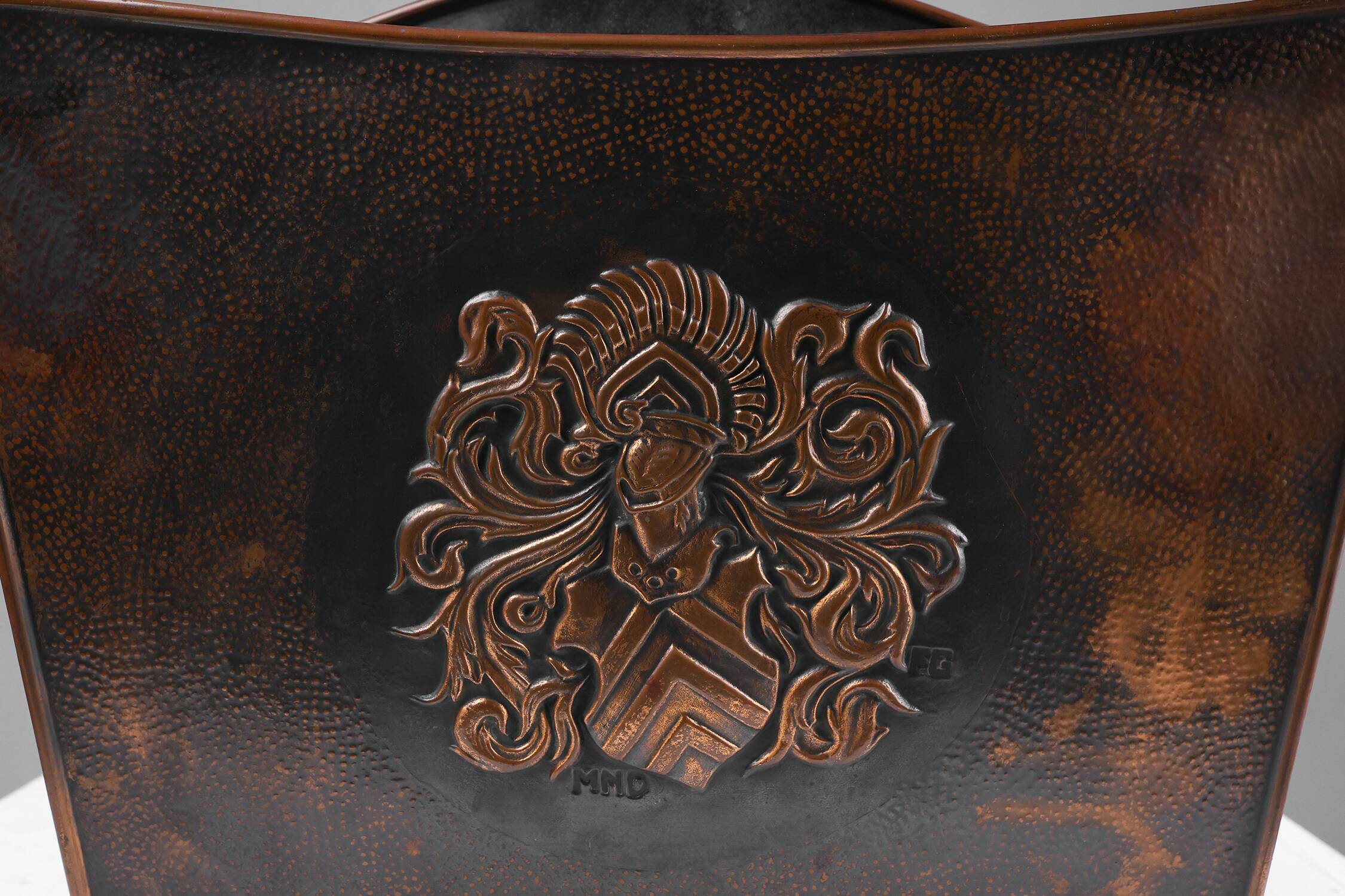 Mid-century magazine rack in hammered copper, France ca. 1900