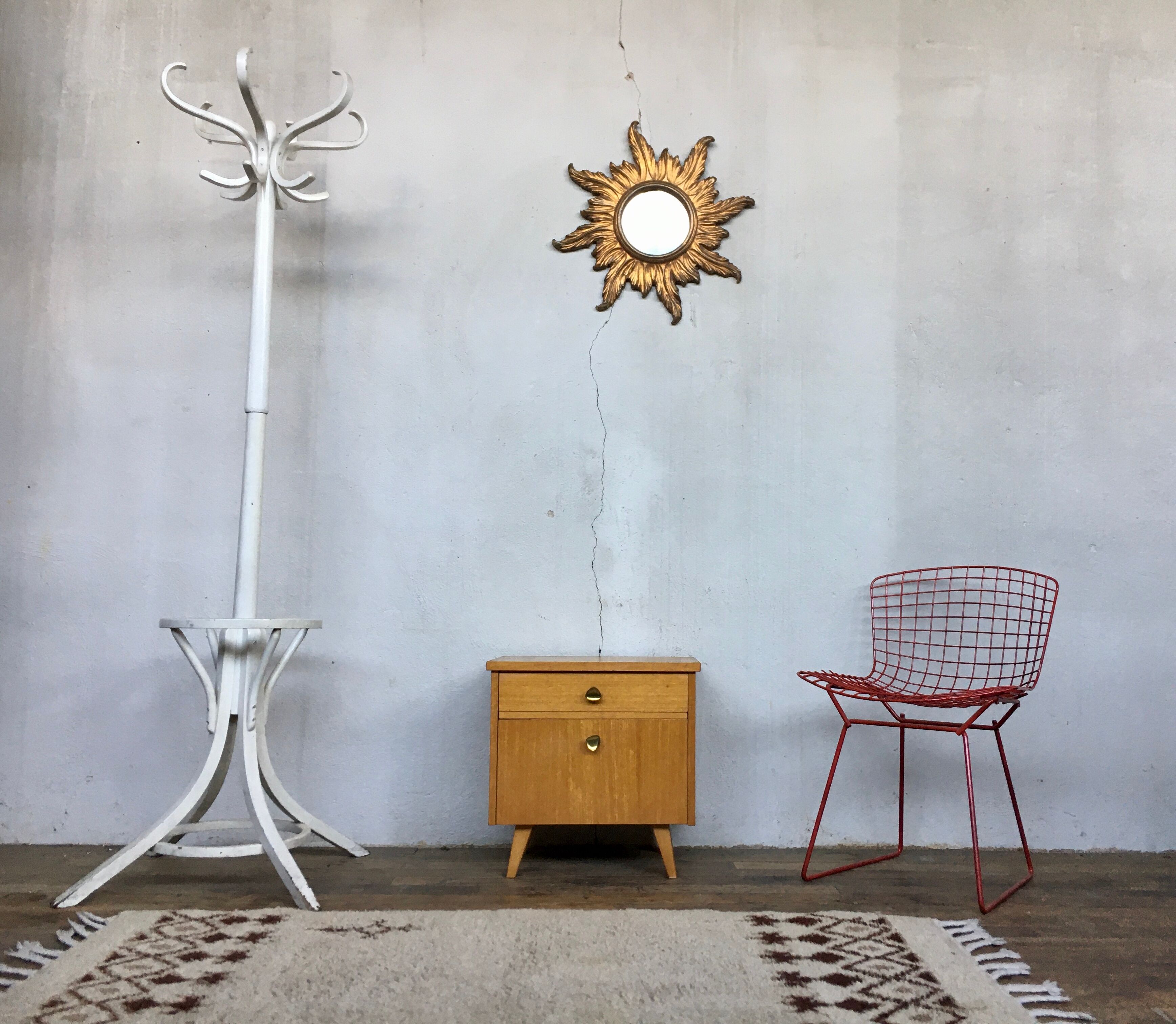 Old vintage bedside nightstand in oak, compass feet