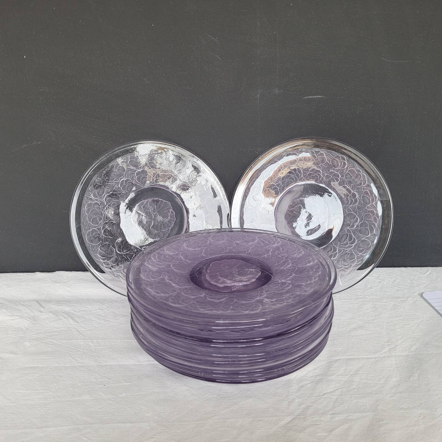 Moulded glass dessert plates – floral pattern – 1930s–1950s