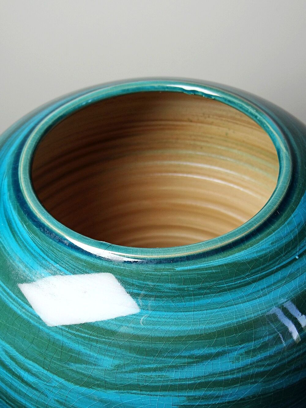 Large ceramic vase with mixed clays, malachite green glaze, 1950s-70s.