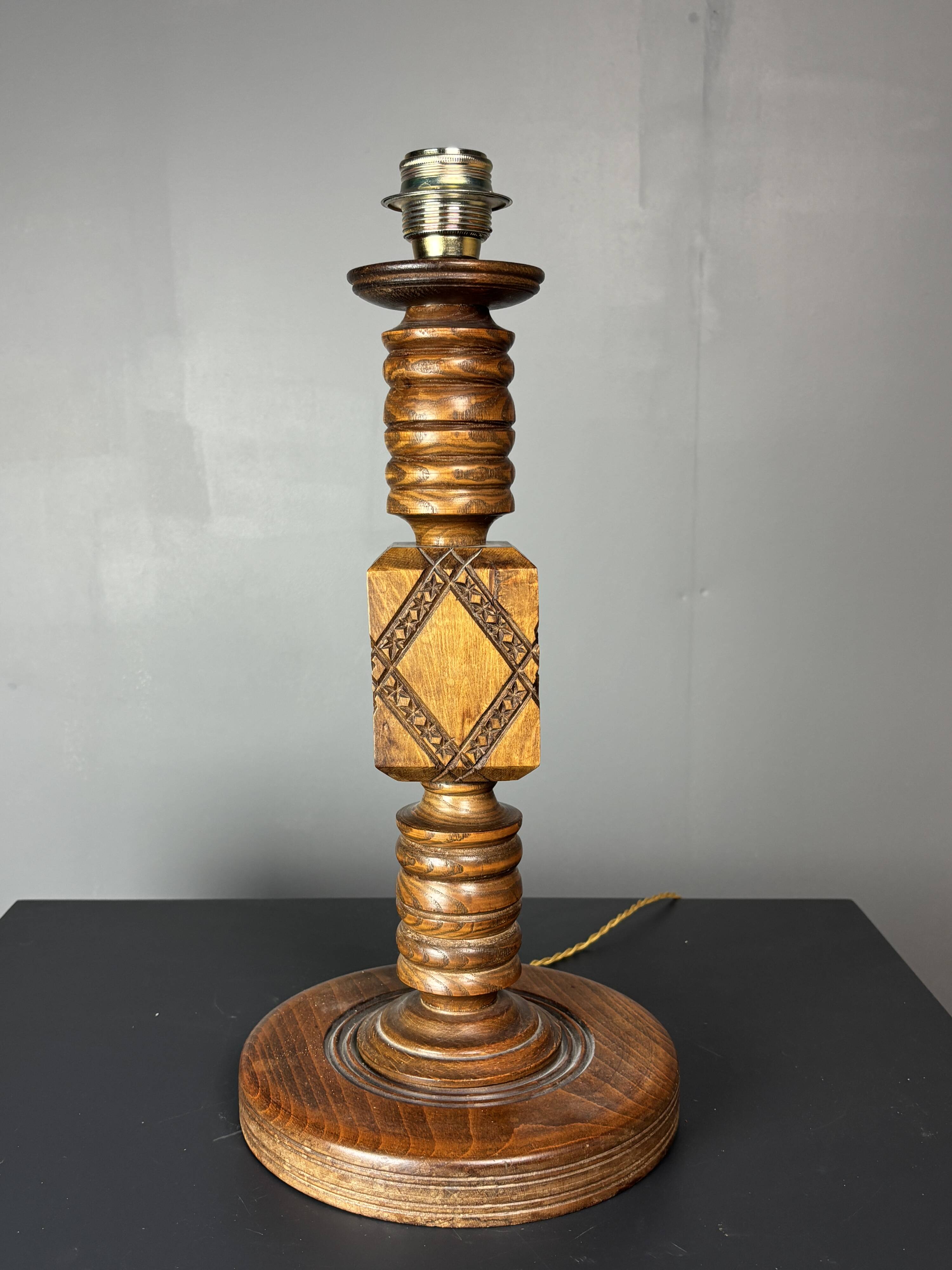 Midcentury brutalist wood turned table lamp in the style of Charles Dudouyt