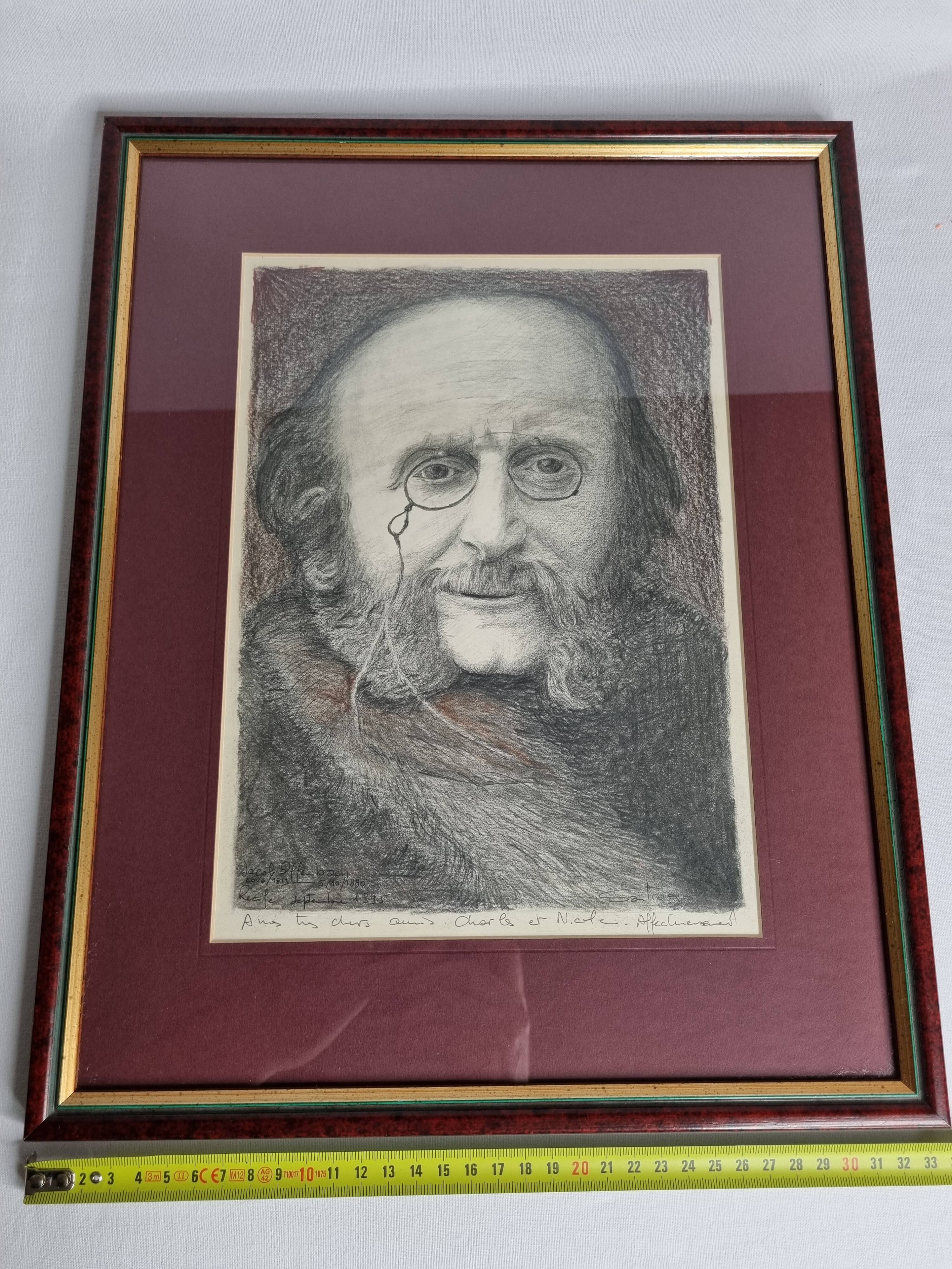 Portrait of Jacques Offenbach inspired by a photograph by Nadar, Framed and signed, 34 x 43 cm